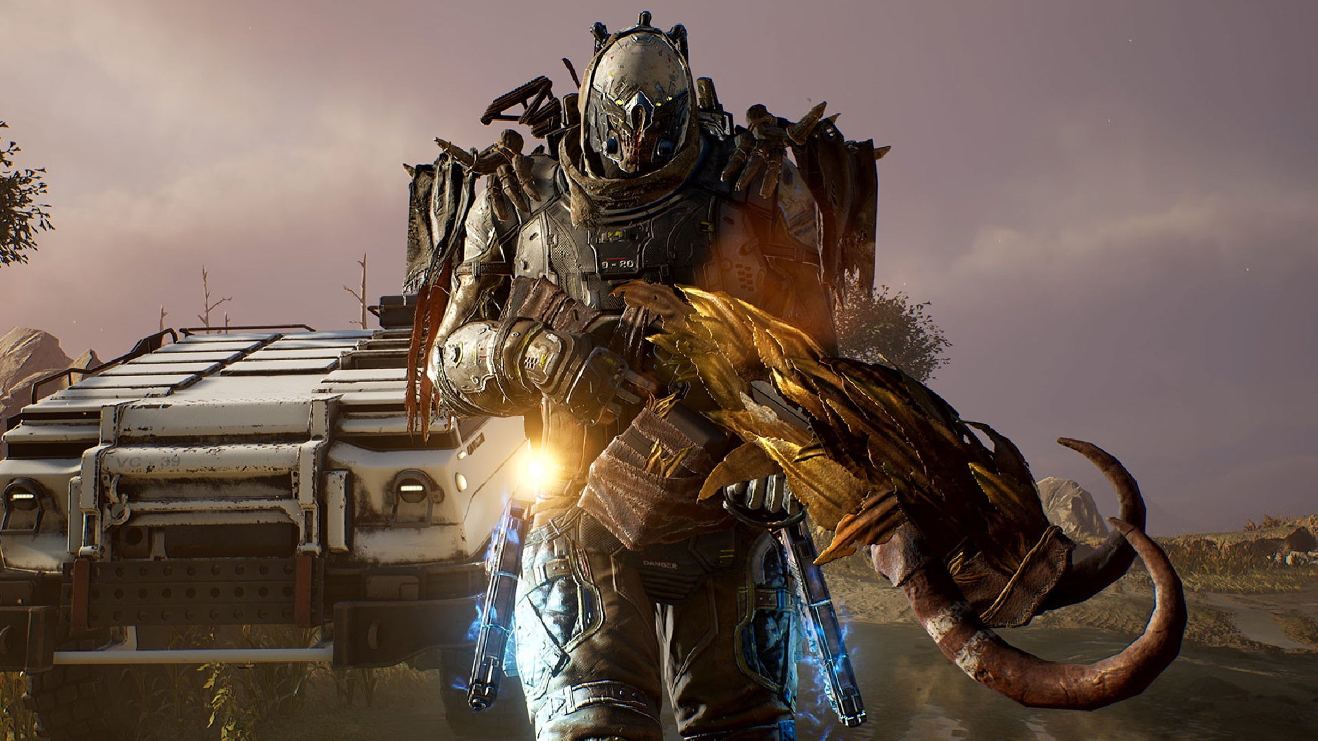 A screenshot of Outriders, which shows a menacing character holding a large rifle that's adorned with horns and feathers.